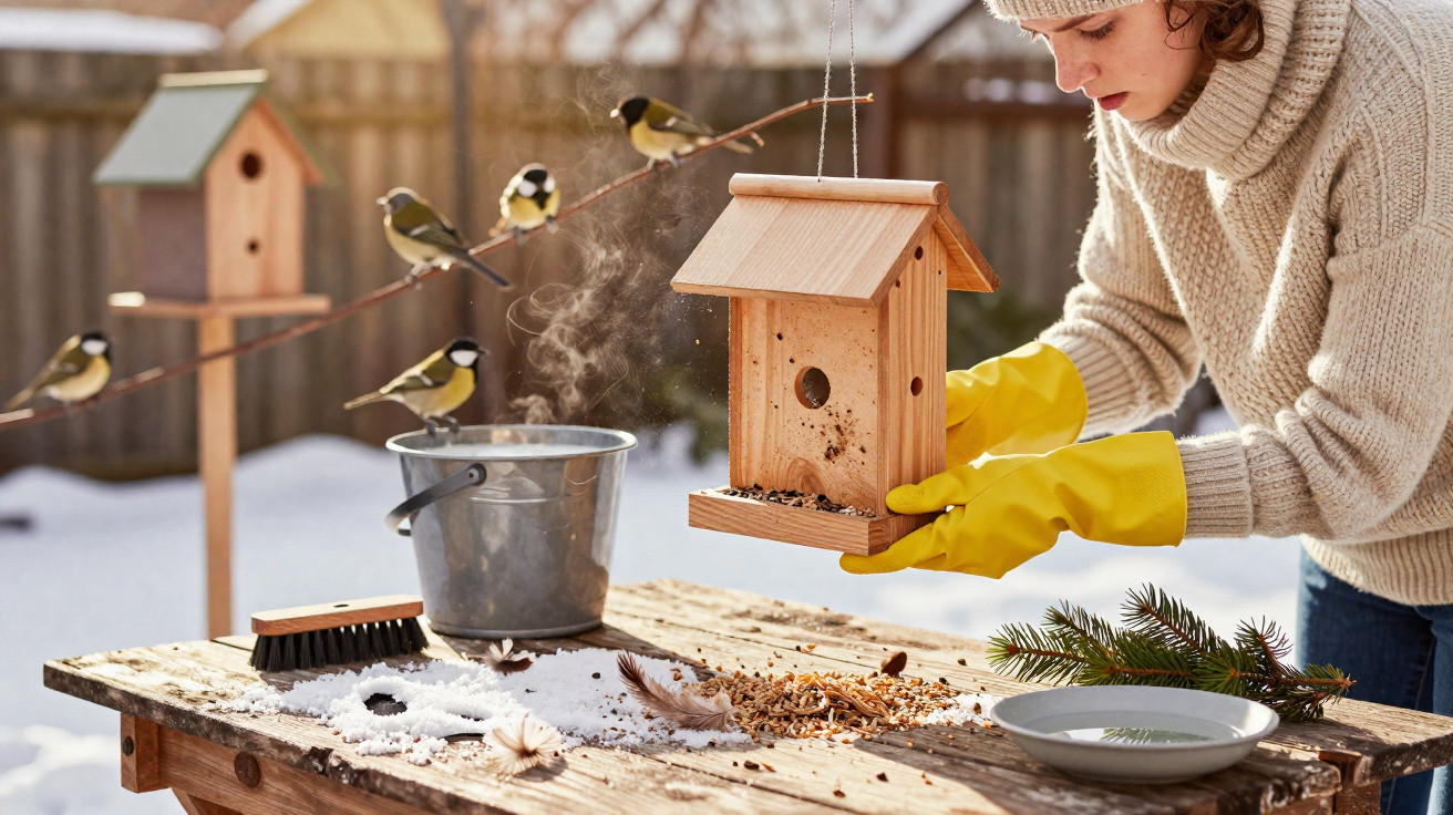 Person wearing yellow gloves setting up a wooden birdhouse on a snowy garden table with birds flying nearby.