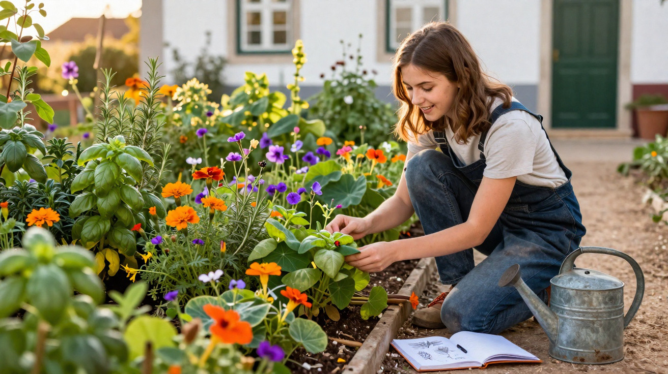 Young woman tending colourful flowerbed in garden with watering can and gardening book nearby