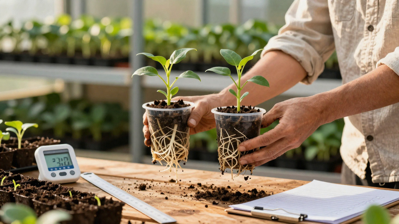 Person holding two clear pots with young seedlings showing visible roots on a wooden table with gardening tools.