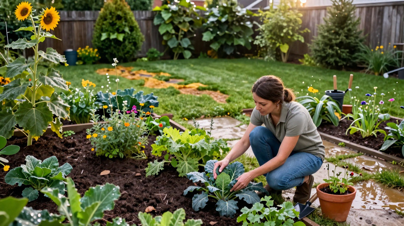 Woman tending to plants in a vibrant garden with sunflowers and various flowers in a backyard setting.