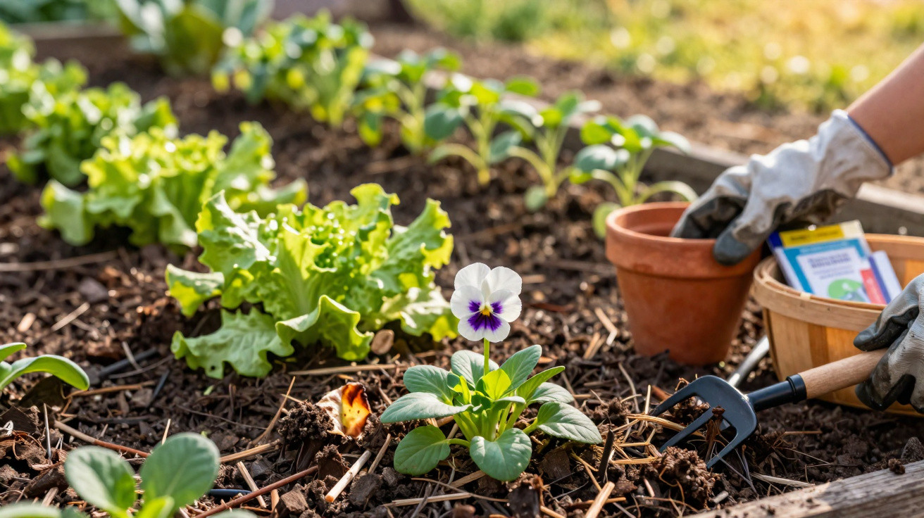 Close-up of a person planting a white and purple pansy flower in a vegetable garden bed with gardening tools nearby.