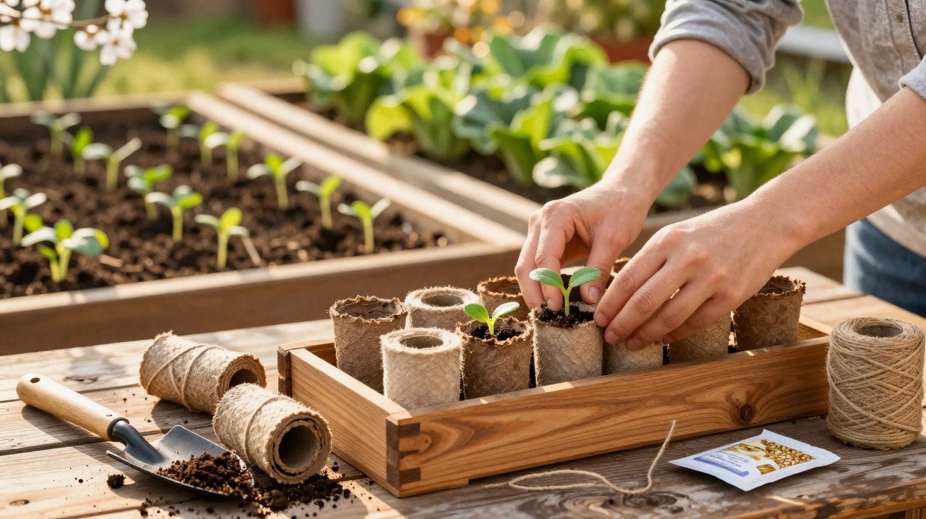 Hands planting seedlings in biodegradable pots on a wooden table with gardening tools and seed packets.