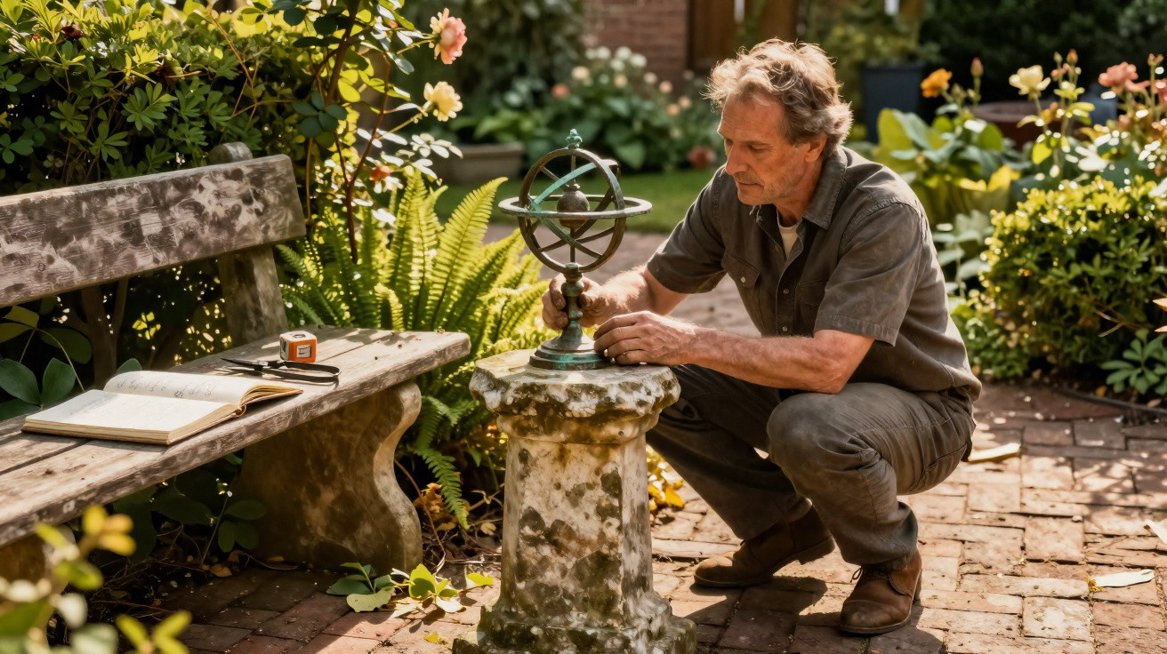 Man adjusting a sundial on a stone pedestal in a sunny, flower-filled garden with a wooden bench nearby.