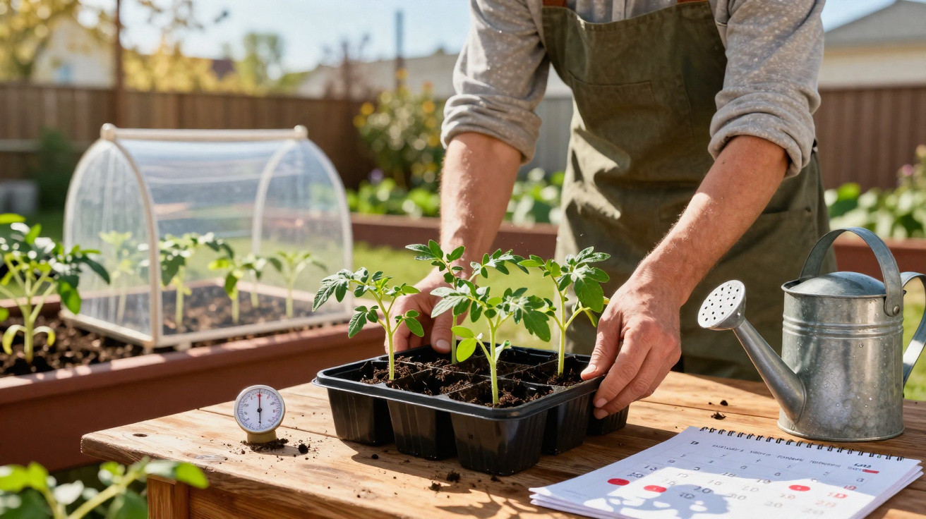 Person in an apron tending young tomato plants on a wooden table with watering can and gardening planner nearby.