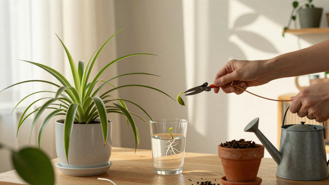 Hands using scissors to trim a leaf from a spider plant with roots submerged in a glass of water on a wooden table.