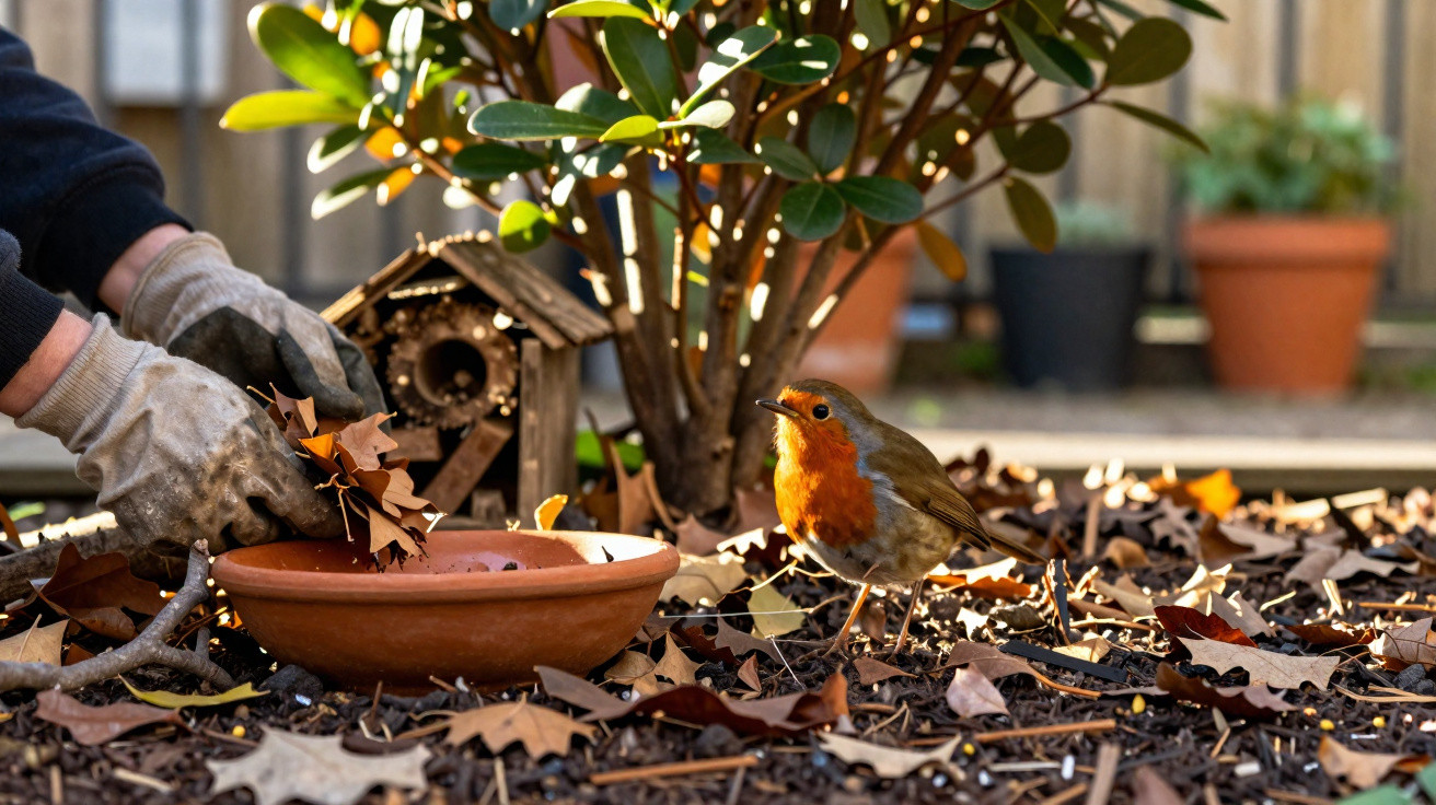 Hands in gloves placing leaves near a robin beside a bird feeder in a garden with potted plants in the background.