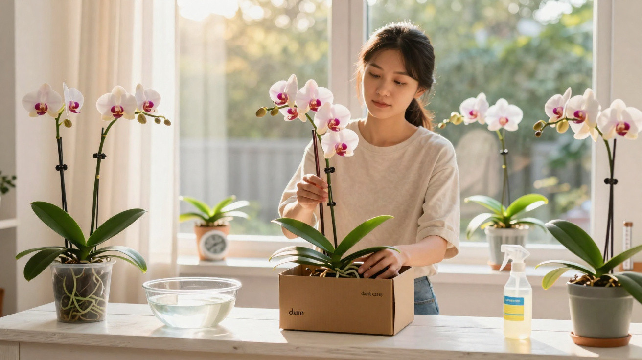 Woman arranging white and pink orchids in a box on a table by a window with gardening supplies.