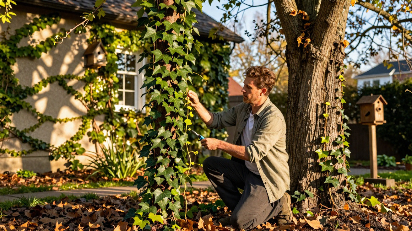 Man pruning ivy growing on a tree in a sunlit garden during autumn with fallen leaves on the ground.