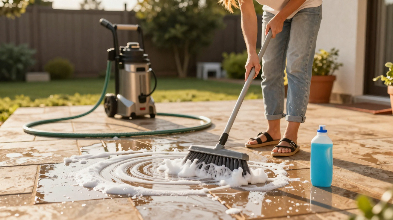 Person scrubbing an outdoor tiled patio with brush and soap, pressure washer and hose in background.