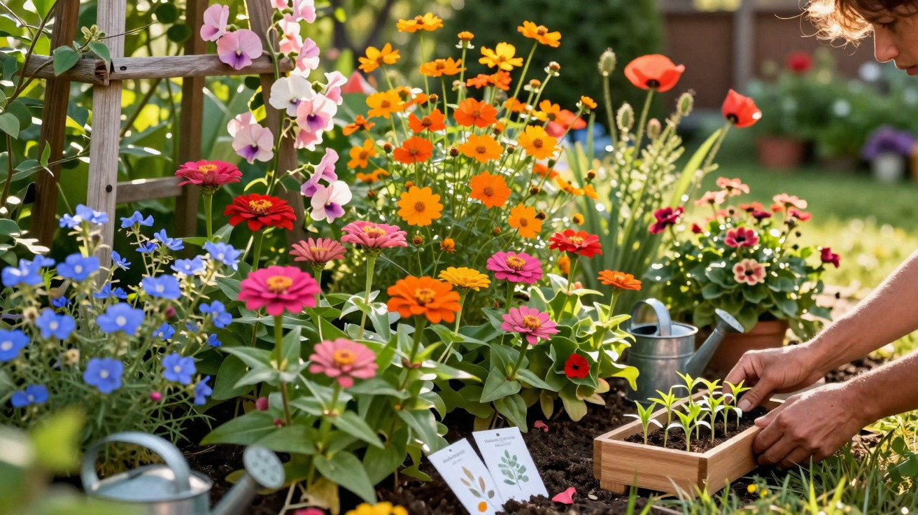 Person planting seedlings in a vibrant garden bed with colourful flowers and watering cans nearby.