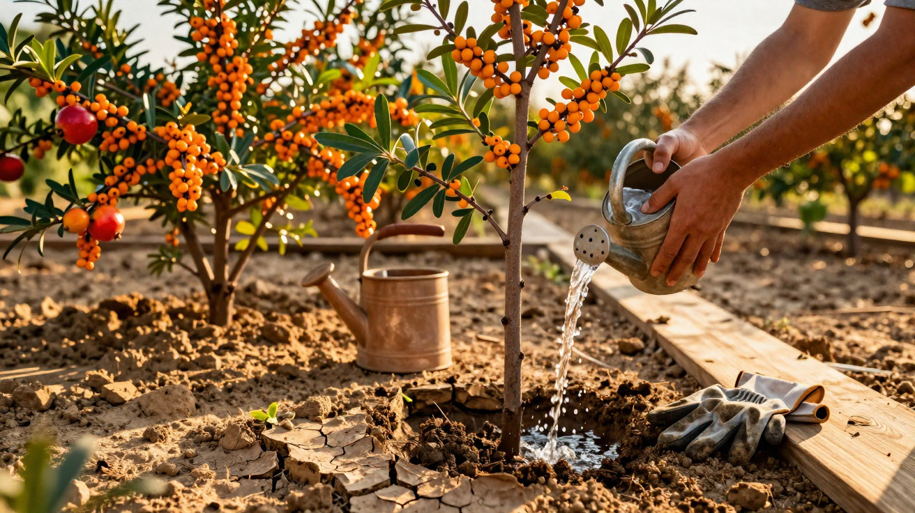Person watering a young tree with orange berries in a dry, sunlit orchard with gardening gloves nearby.