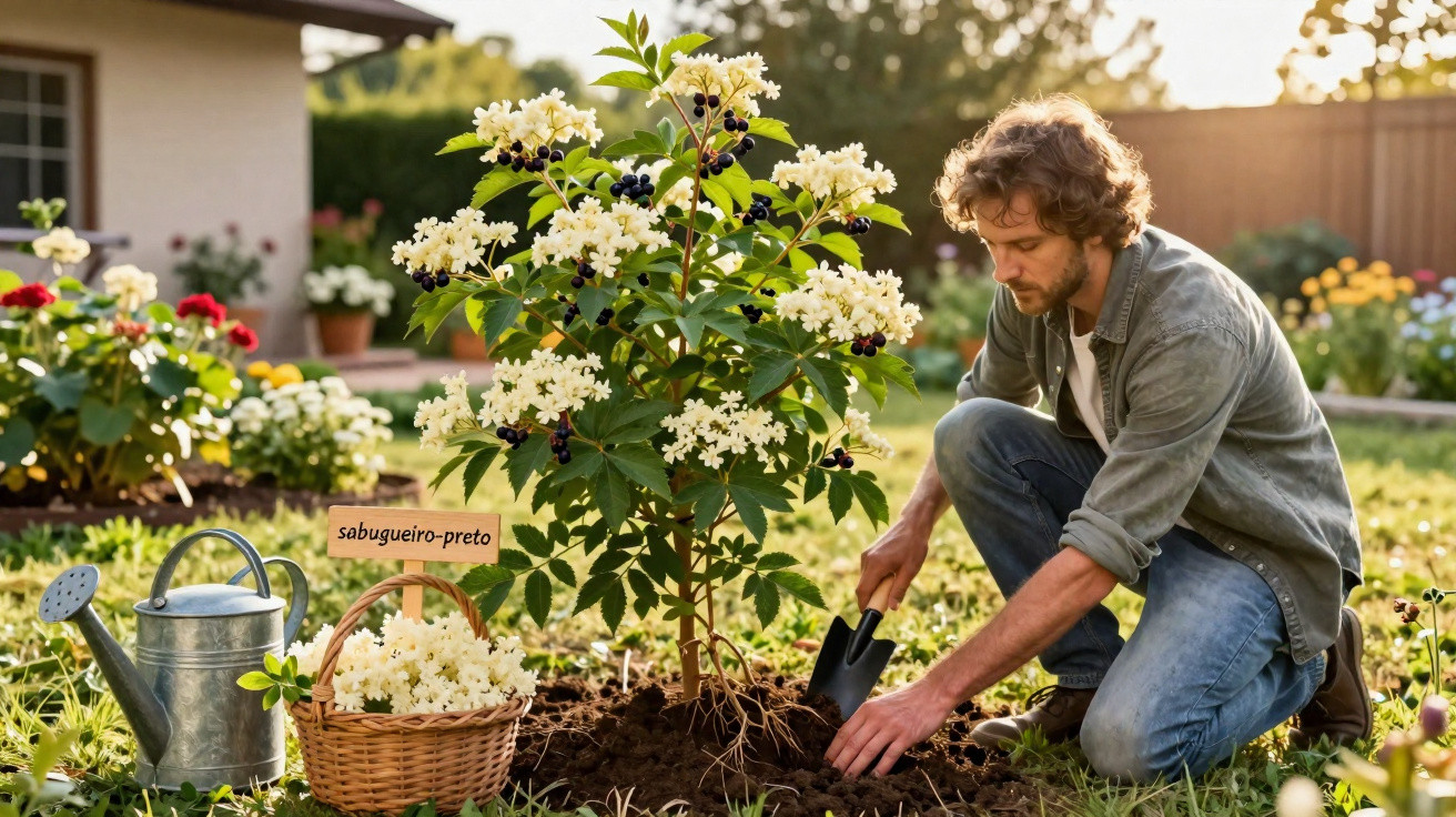 Man planting elderberry bush with white flowers and black berries in a sunny garden at sunset