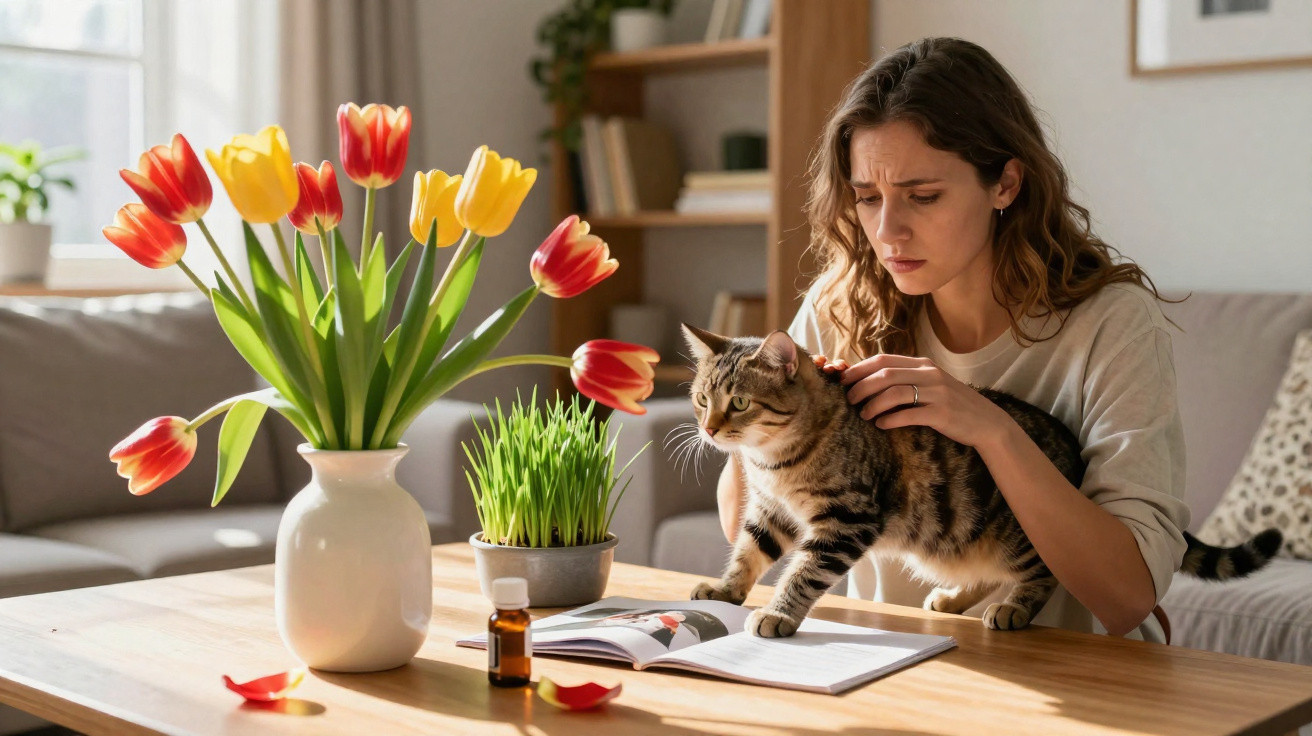 Woman looking concerned as tabby cat walks across open book on wooden table with flowers and medicine bottle nearby