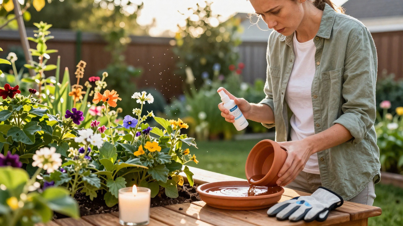 Woman spraying insect repellent on colourful garden flowers on a wooden table in a sunny backyard.