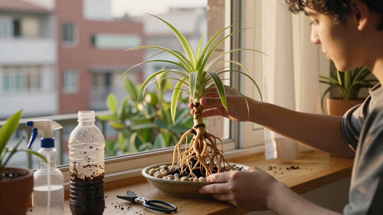 Person repotting a spider plant on a wooden windowsill with gardening tools and spray bottle nearby.