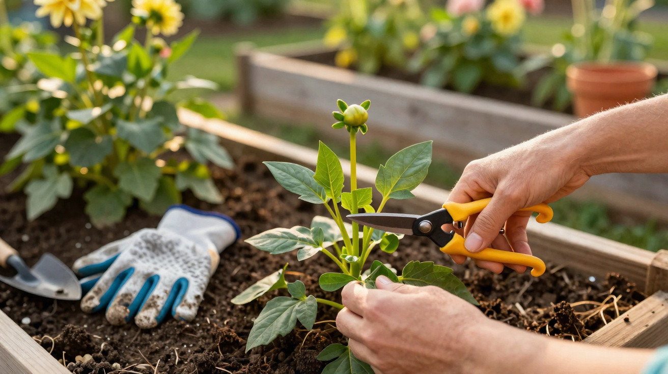 Hands pruning a green plant with yellow gardening shears in a raised garden bed with soil and gloves nearby.