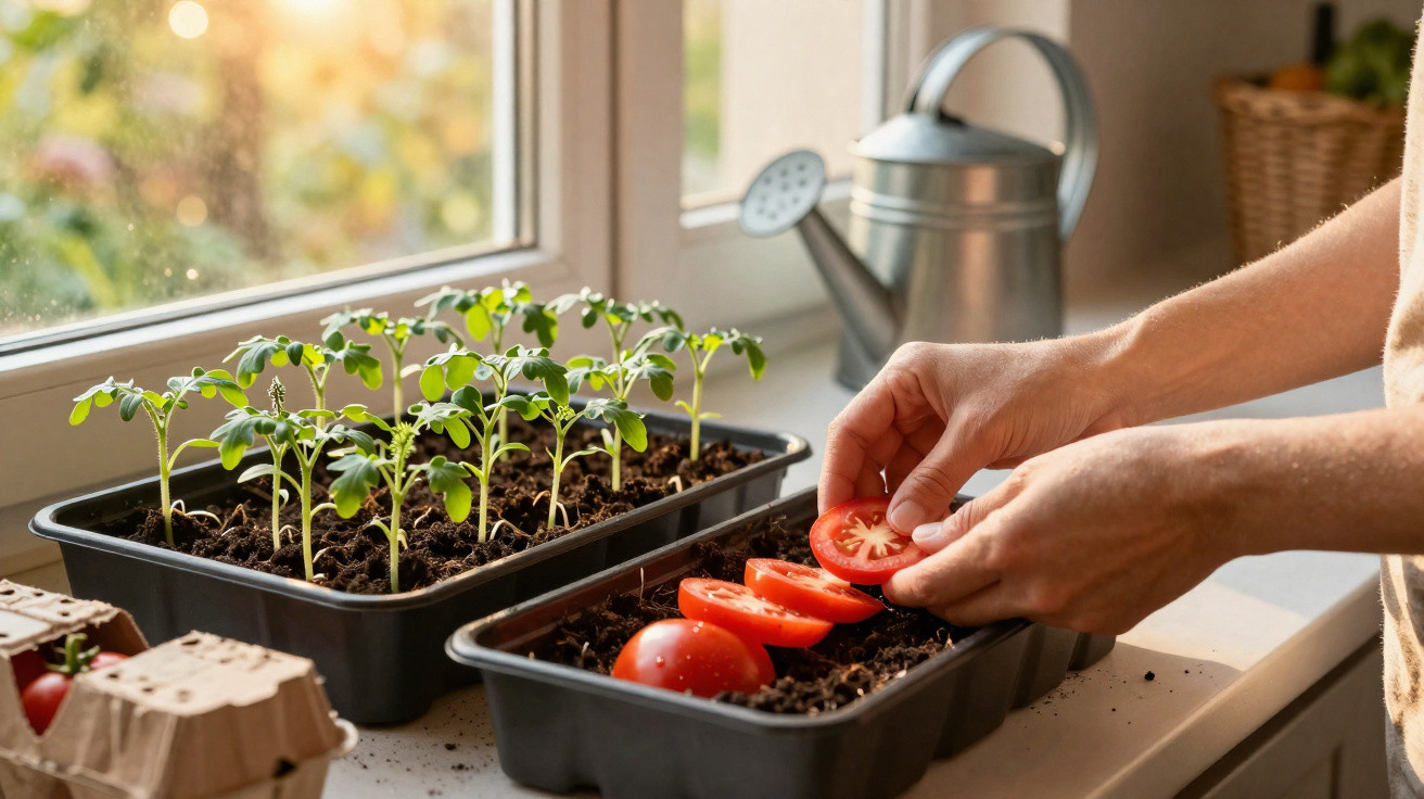 Hands planting sliced tomatoes in soil in a tray beside seedlings on a bright windowsill with a watering can nearby.