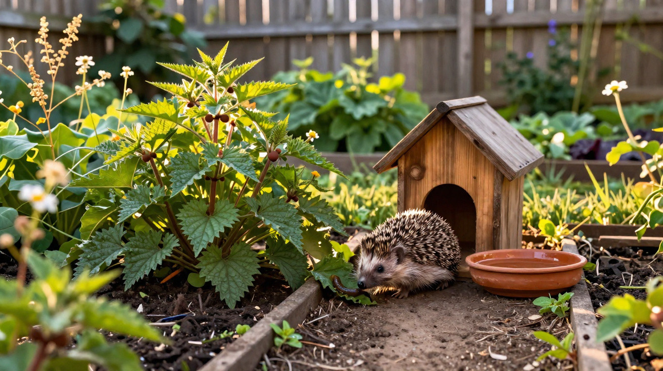 Hedgehog near a small wooden house and water dish in a sunlit garden with green plants and flowers.