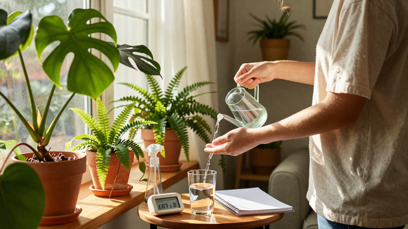 Person pouring water from a glass jug into a glass beside green houseplants on a sunny windowsill.