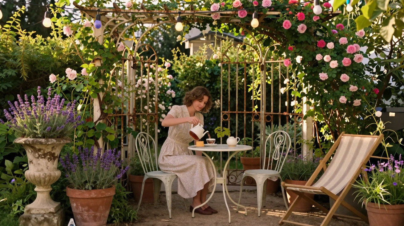 Woman in vintage dress pouring tea at a white table in a garden with rose-covered pergola and potted plants.