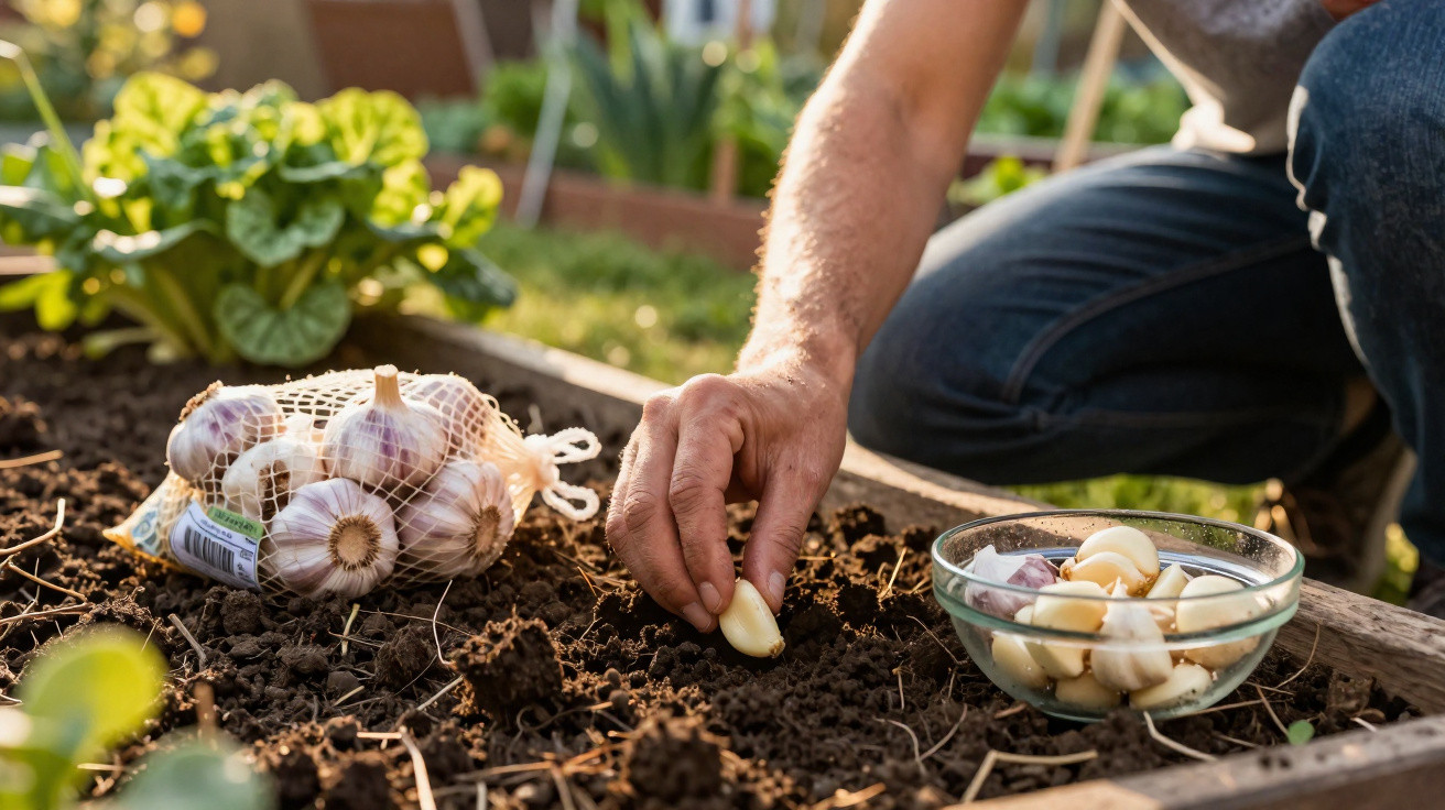 Person planting garlic cloves into soil in a garden bed with a bag and bowl of garlic nearby.