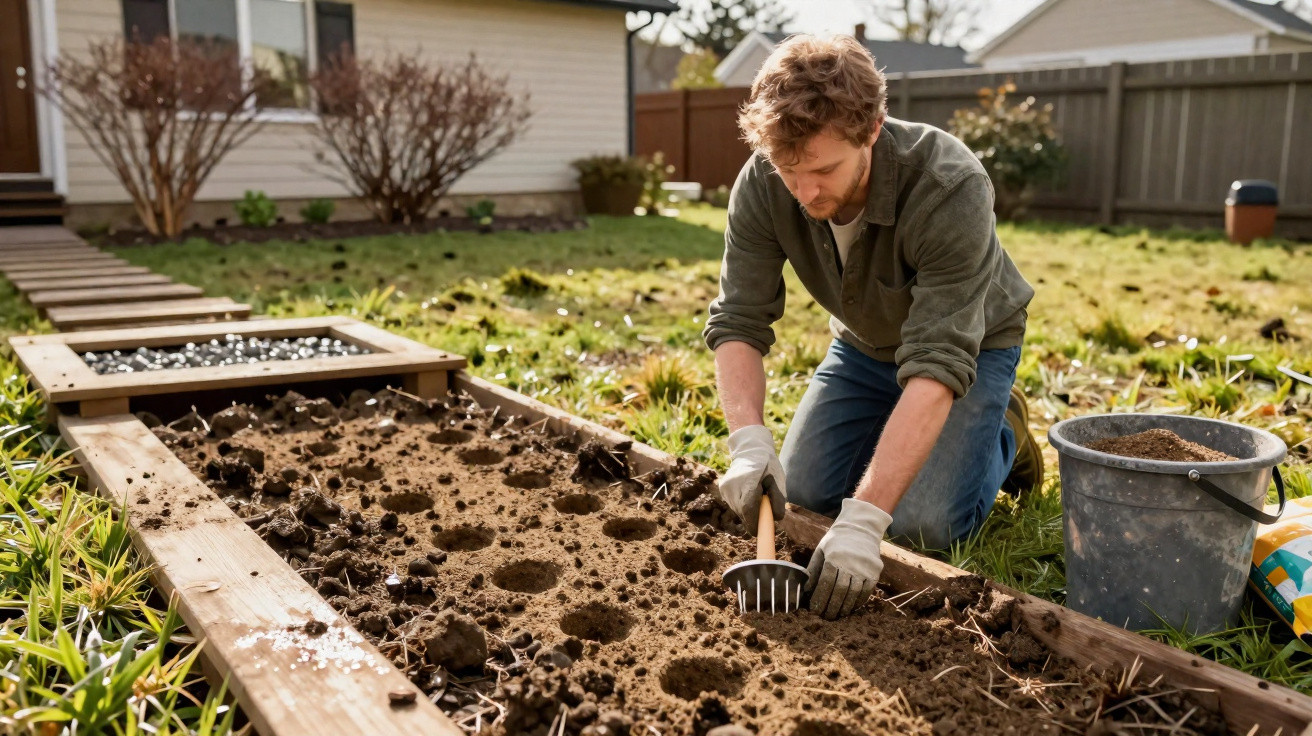 Man preparing soil by digging circular holes in a raised garden bed in a backyard on a sunny day.