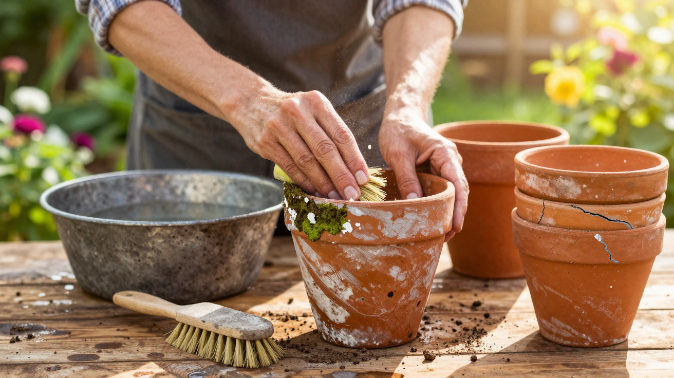 Person cleaning moss off a weathered terracotta pot outdoors with brushes on a wooden table.