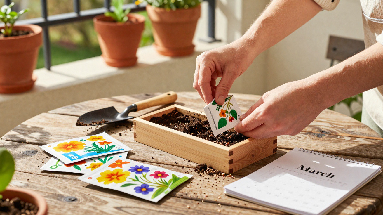 Person planting flower seeds in a wooden box on a table with seed packets, garden trowel, and March calendar.
