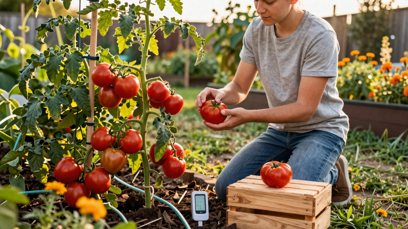 Person harvesting ripe red tomatoes in a garden with wooden crates and a soil moisture meter nearby.