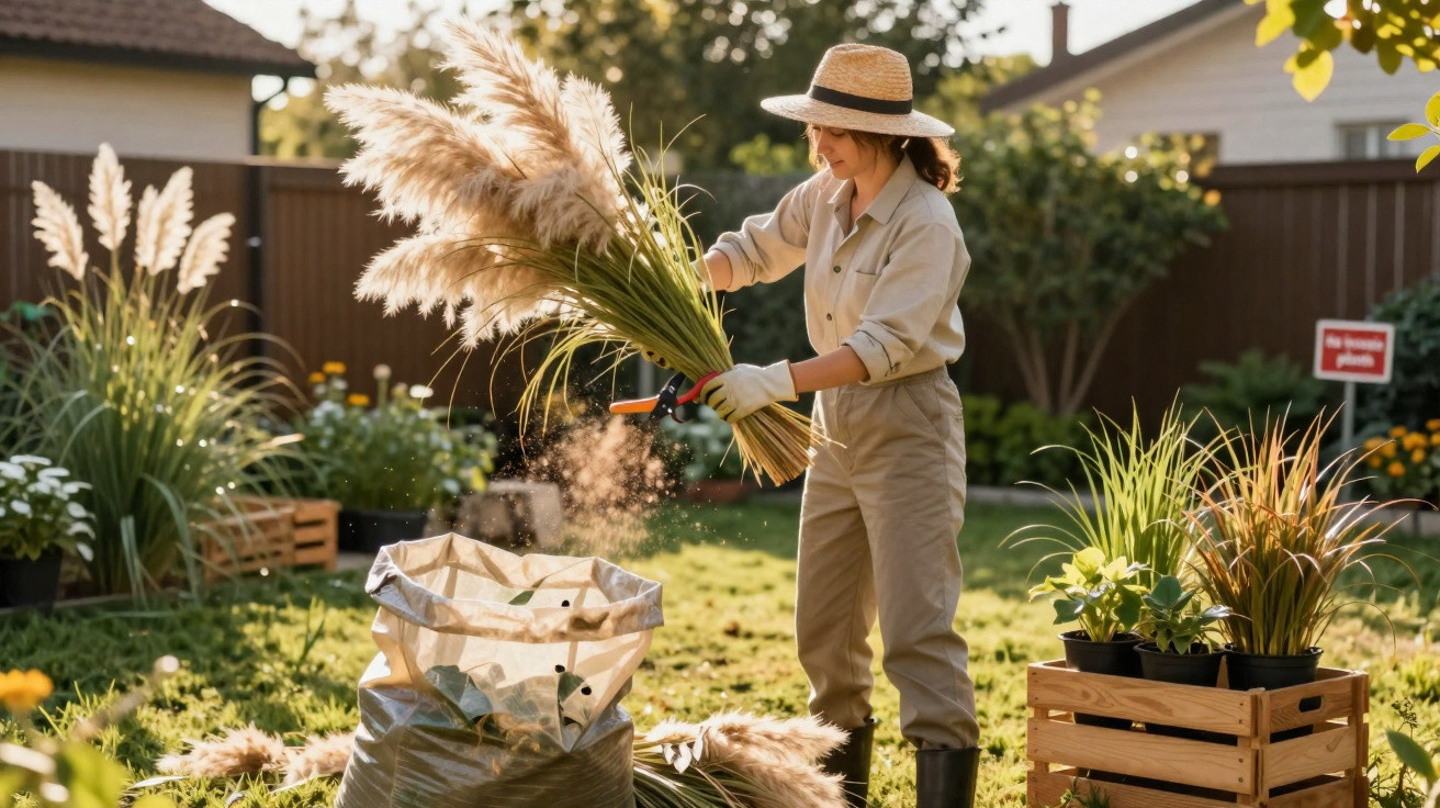 Woman wearing a straw hat trimming tall pampas grass in a sunny garden with plants and crates nearby.