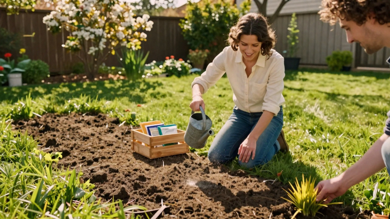 Two people gardening in a sunny backyard, watering soil and planting greenery in a garden bed.