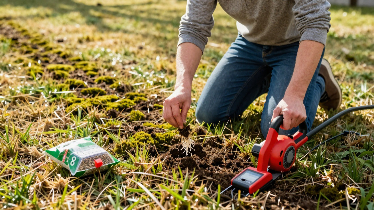 Person kneeling on grass using a soil probe tool while examining plant roots during fieldwork.