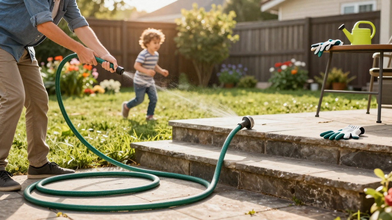Adult spraying water from a garden hose while child runs joyfully in the backyard on a sunny day.