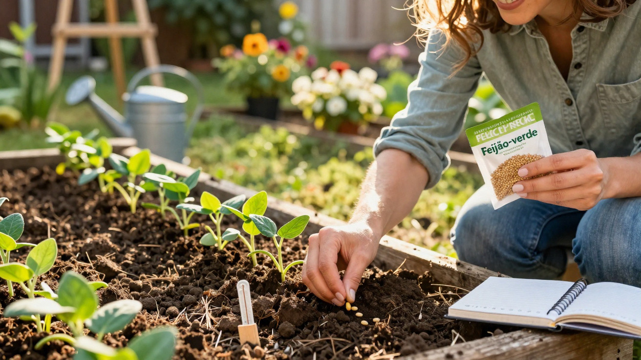 Person planting seeds in a garden bed with seedlings and a notebook nearby on a sunny day.
