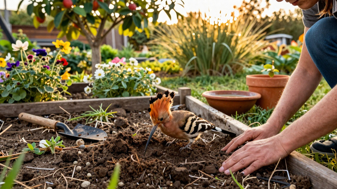 A person gardening in a flower bed with a hoopoe bird foraging in the soil at sunset.