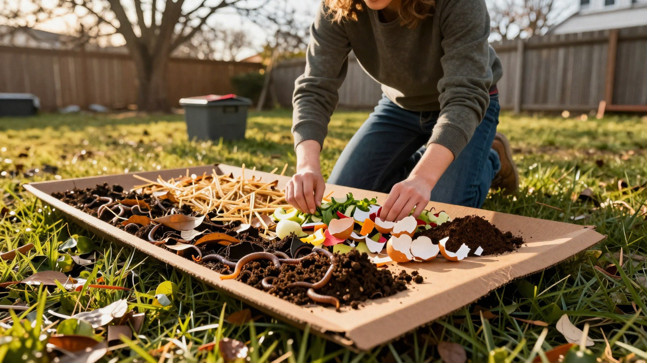 Person arranging organic waste like eggshells, soil, and sticks on a cardboard sheet outdoors in a garden.