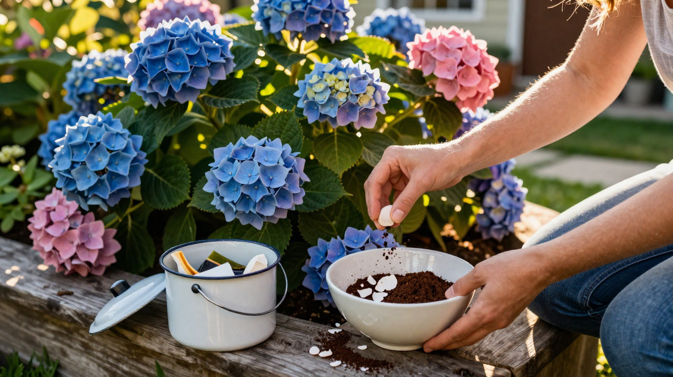 Person adding crushed eggshells to a bowl of soil beside blooming blue and pink hydrangea flowers.