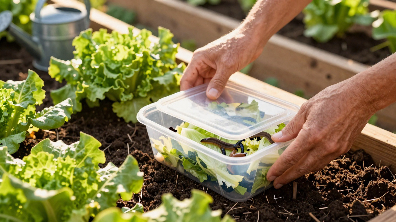 Hands covering a slow worm with lettuce leaves inside a plastic container in a garden bed with lettuce plants.