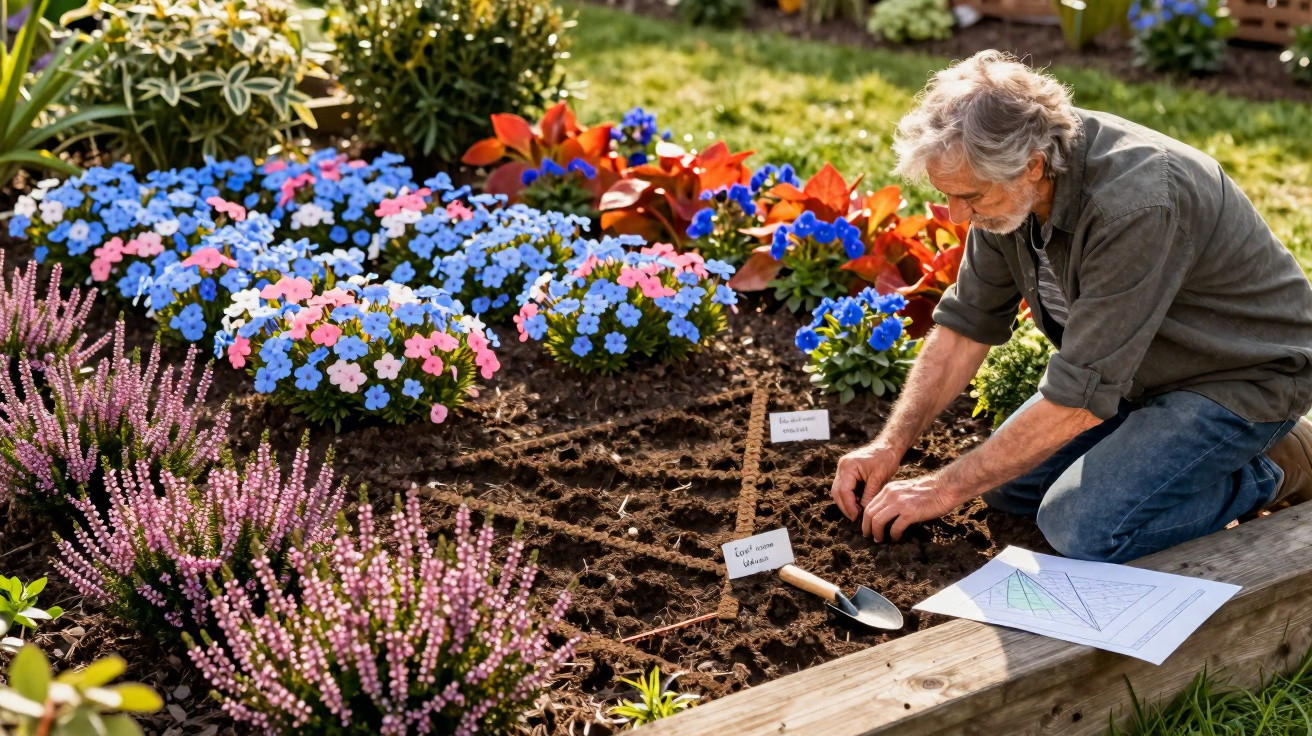 Older man planting seeds in a garden bed surrounded by colourful flowers on a sunny day.