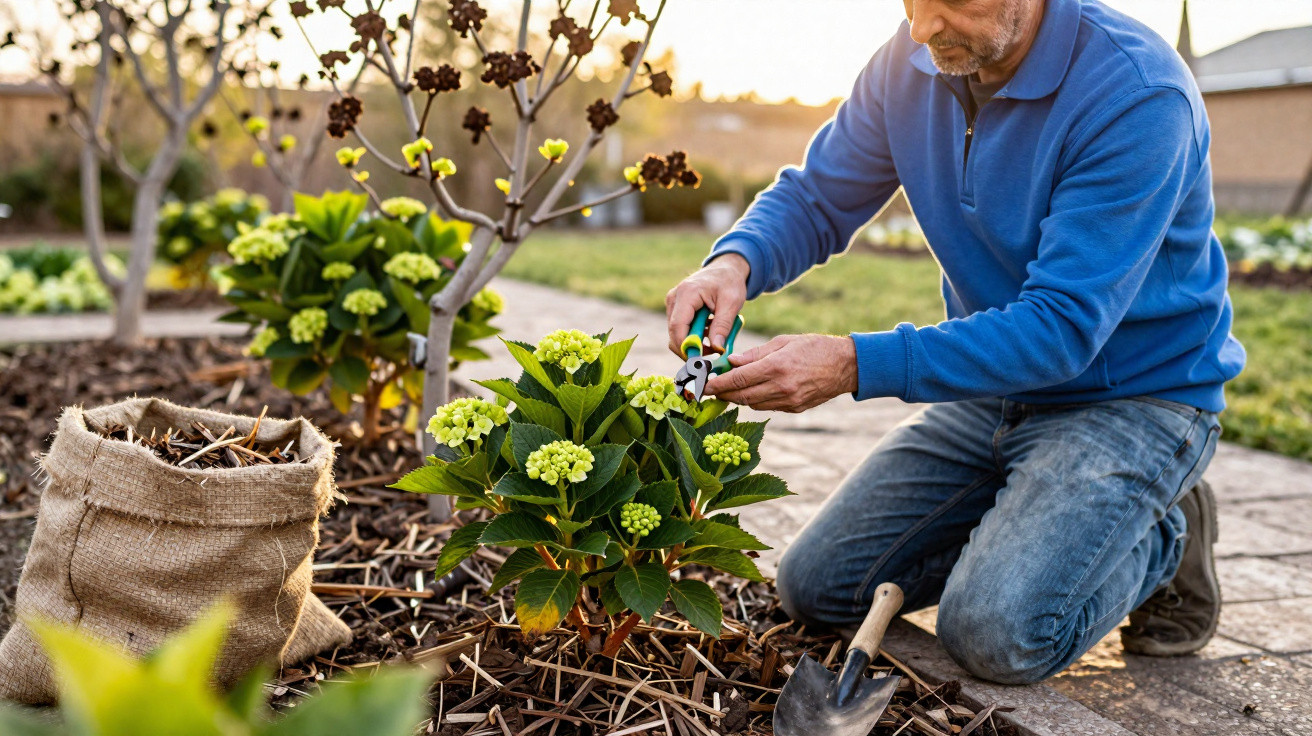 Man in blue sweater pruning green hydrangea plants in garden at sunset with gardening tools nearby