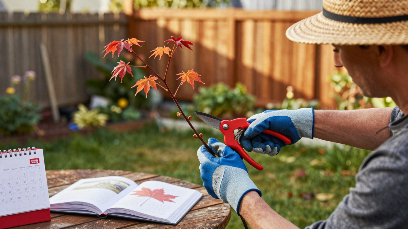 Person wearing gardening gloves pruning a red maple branch with secateurs in a garden.