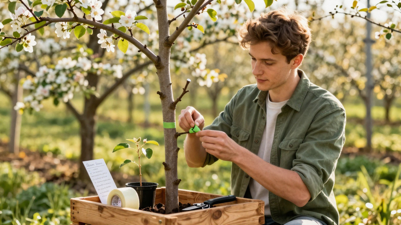 Young man attaching a green plant tag to a blossoming tree in a wooden planter box outdoors.