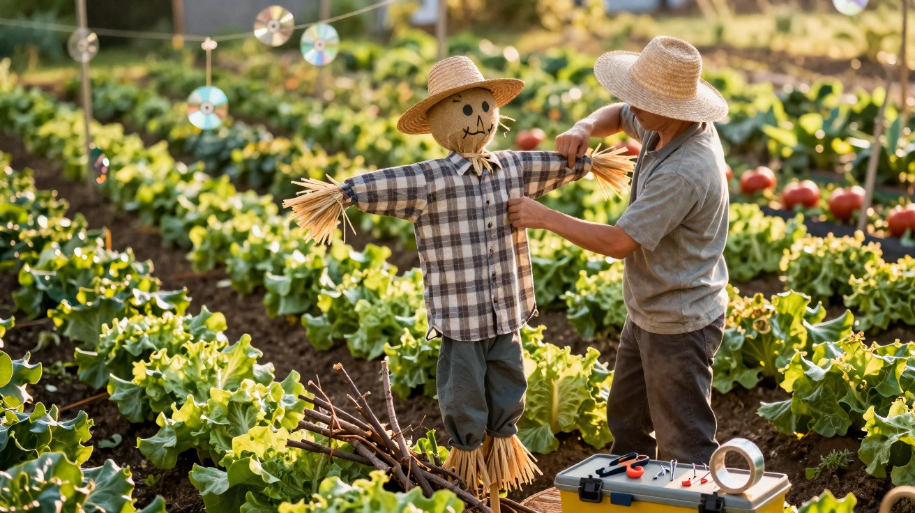 Person adjusting a scarecrow in a vegetable garden with lettuce and tomatoes under sunlight.