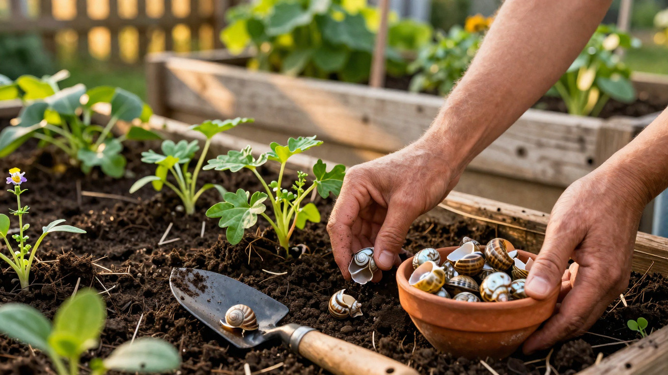Hands placing garden snails from a terracotta bowl onto soil near young plants and a garden trowel.