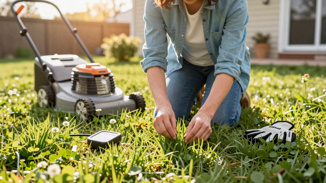 Person kneeling on lawn pulling weeds with lawnmower, gloves, and garden tools nearby on grass at home.