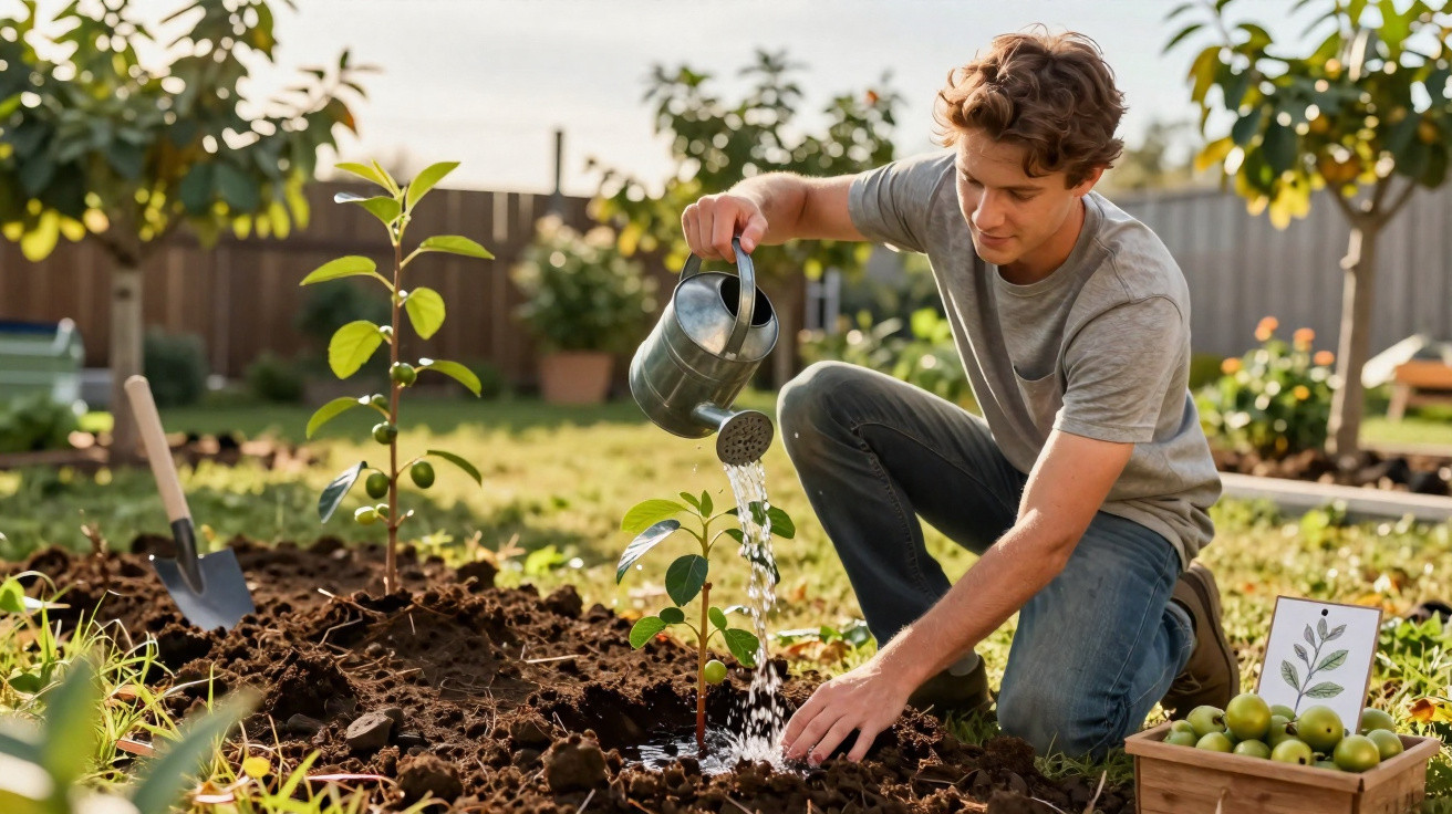 Young man watering a newly planted tree sapling in a sunny garden with gardening tools nearby.