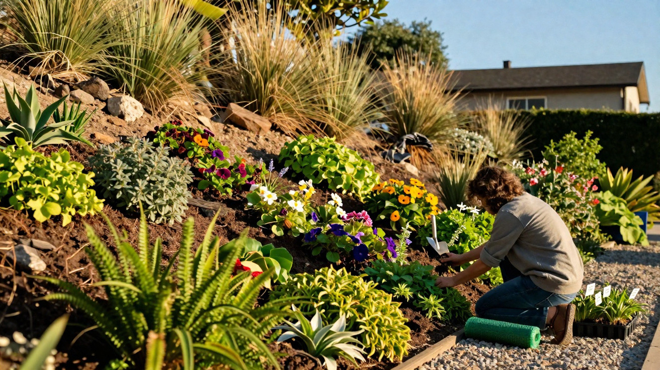 Person kneeling on gravel tending to colourful flowers and plants in a sunny garden bed near a house.