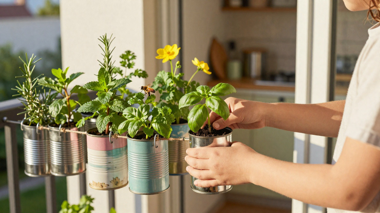 Child tending to herbs and flowers growing in recycled tin cans on a balcony garden rack.