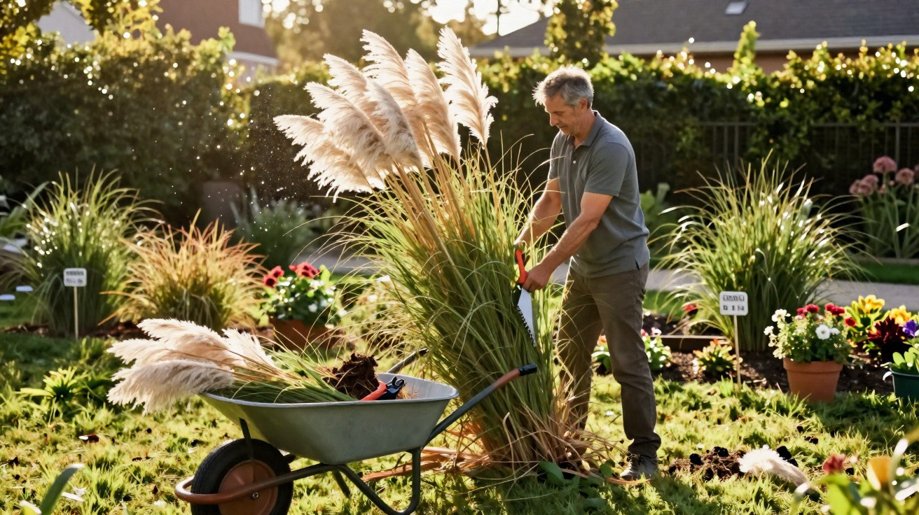 Middle-aged man cutting tall pampas grass in a sunny, well-maintained garden with a wheelbarrow nearby.