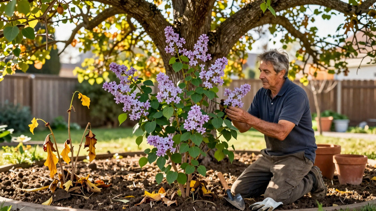 Older man kneeling in garden tending to a lilac bush under a large tree with gardening tools nearby
